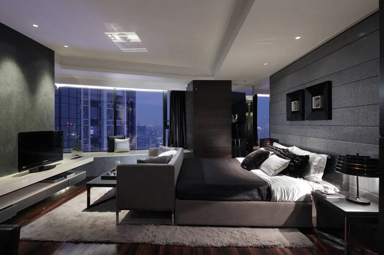 Luxurious bedroom interior, large windows