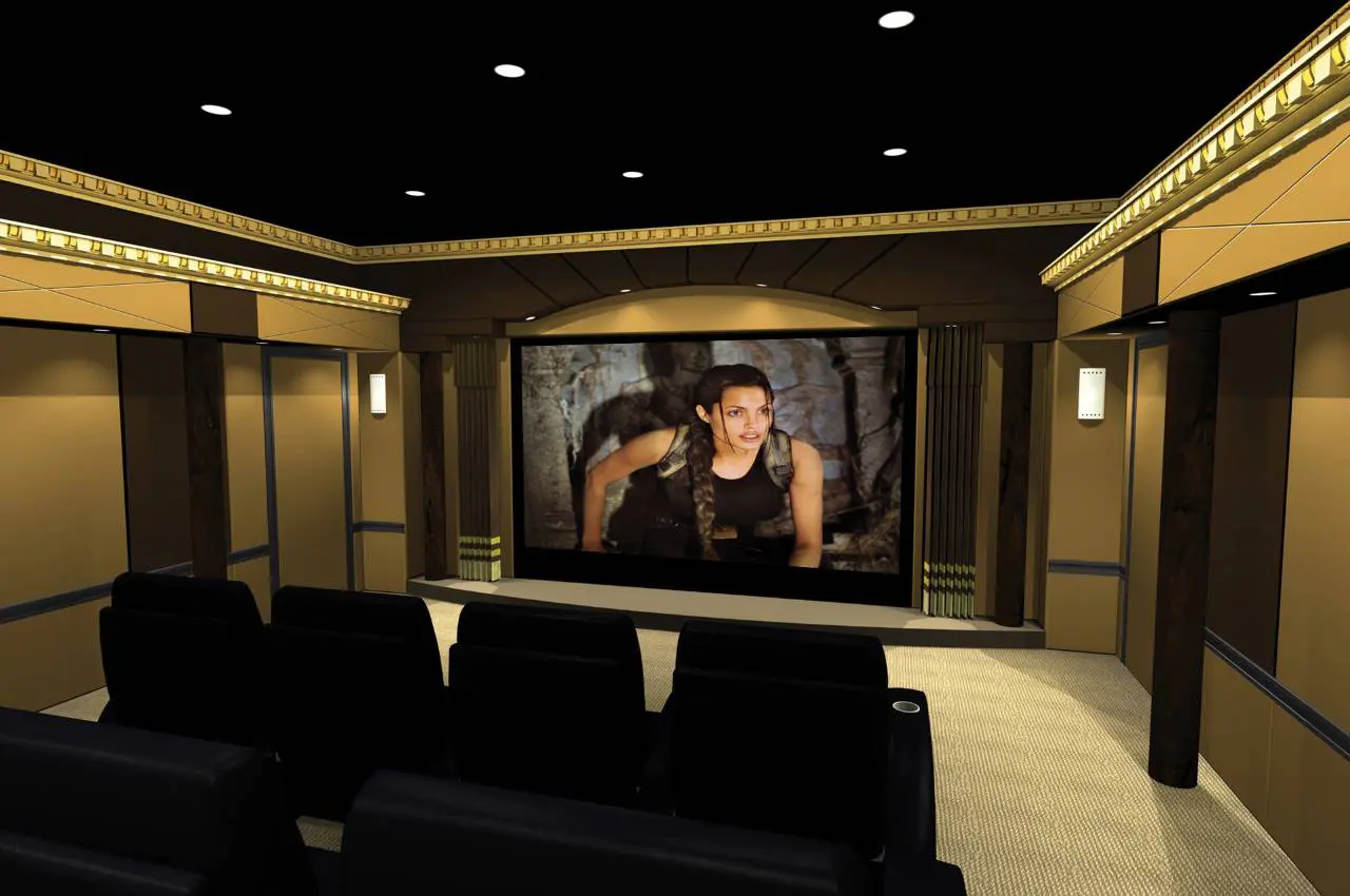 Cozy cinema room with movie playing