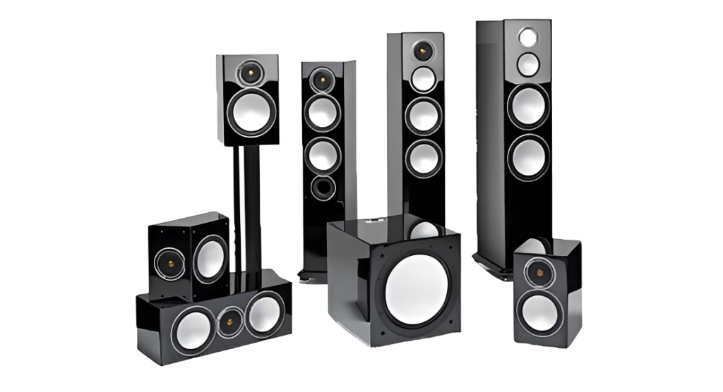 Black and silver audio speakers setup