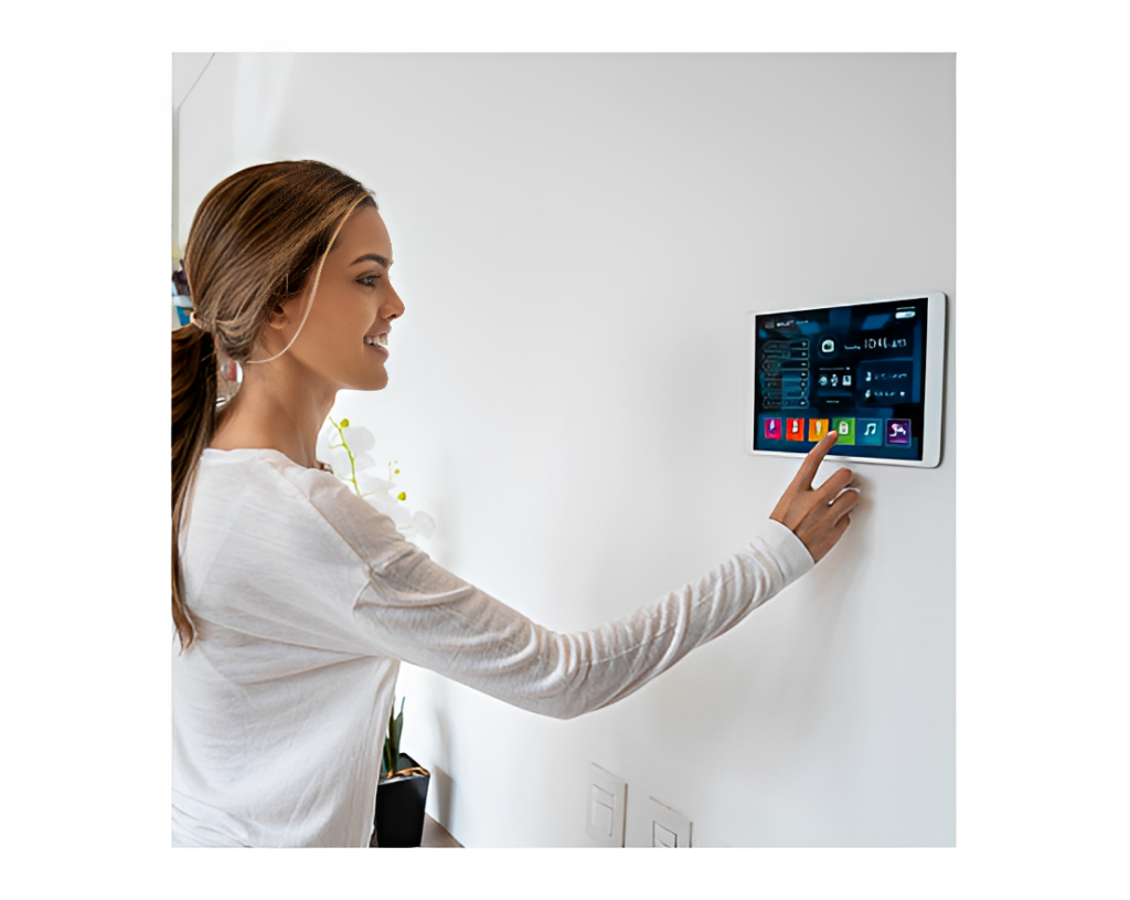 Woman using smart home control panel