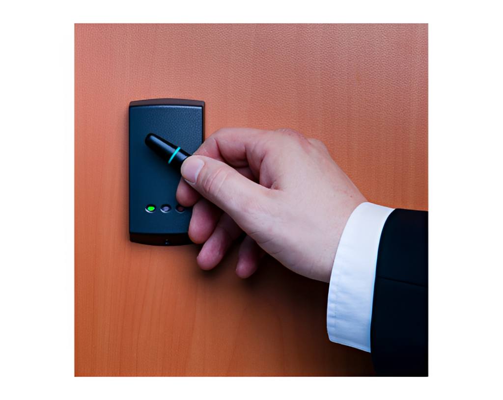 Person scanning key card on door reader.