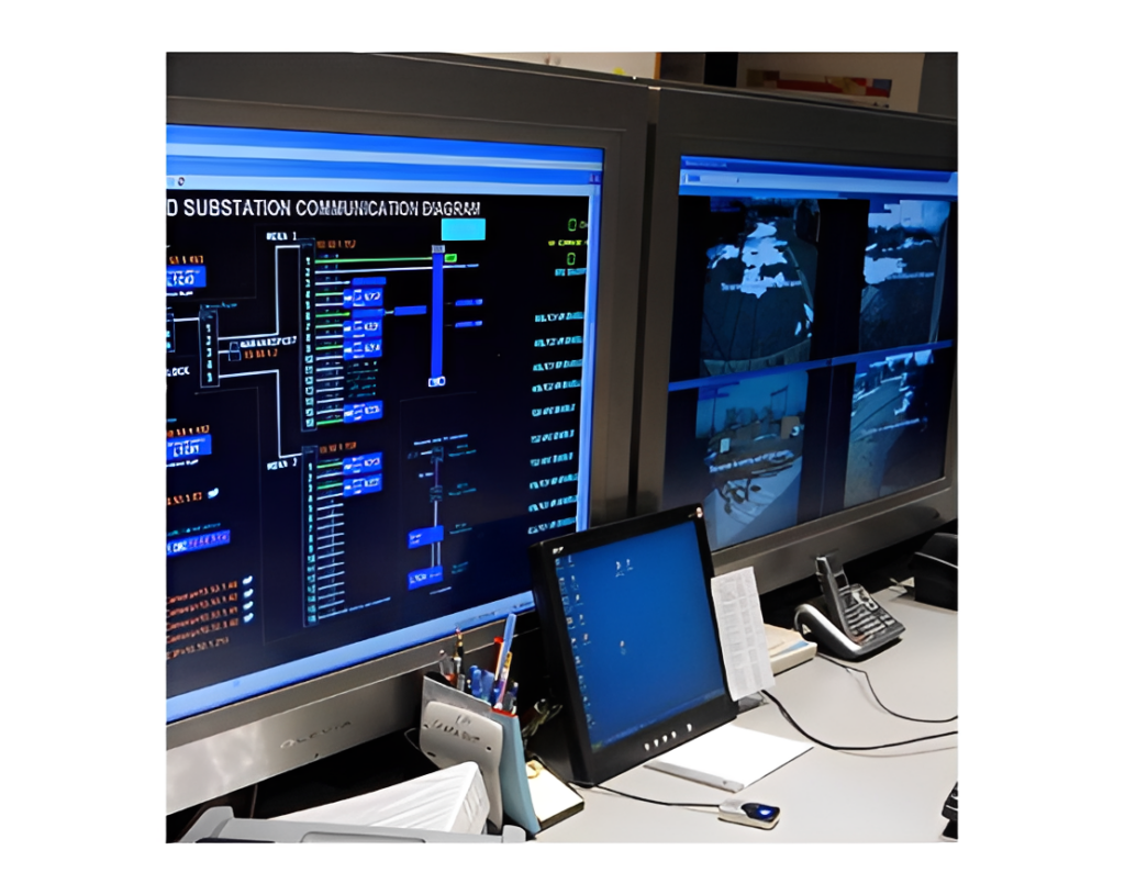 Control room with multiple computer monitors
